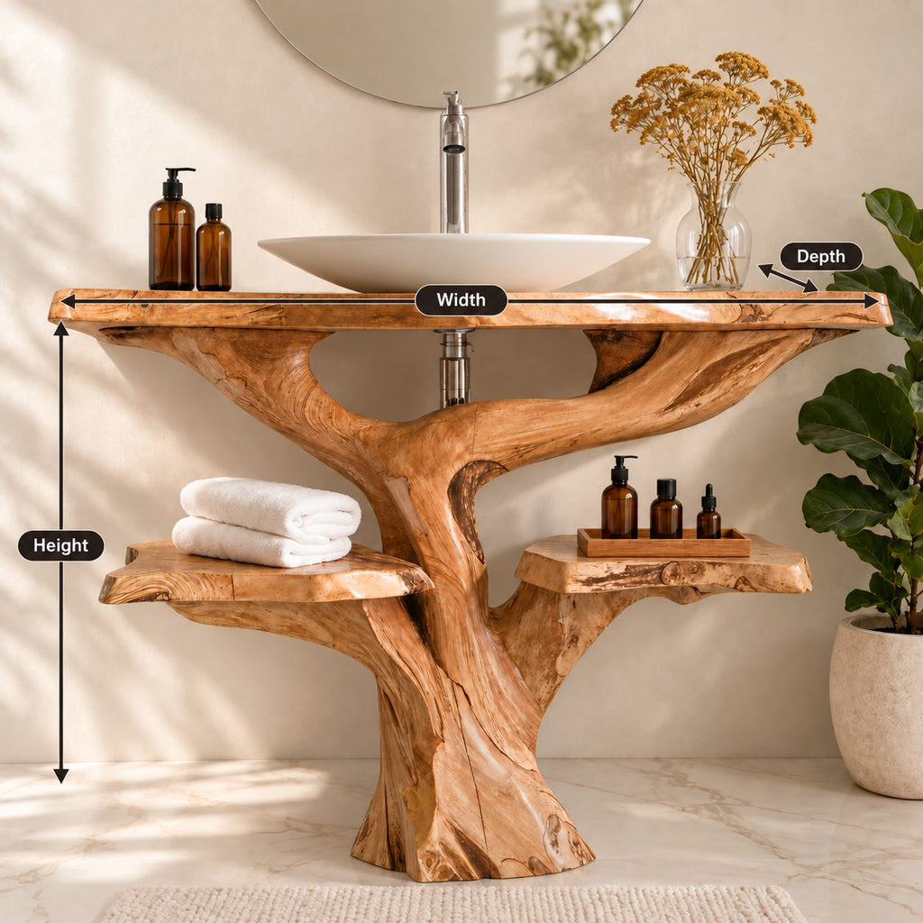 Tree Trunk Bathroom Vanity with Side Shelves 30-79 Inch, Chunky Curving Trunk and Live Edge Top