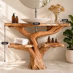 Tree Trunk Bathroom Vanity with Side Shelves 30-79 Inch, Chunky Curving Trunk and Live Edge Top