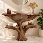 Tree Trunk Bathroom Vanity with Side Shelves 30-79 Inch, Chunky Curving Trunk and Live Edge Top
