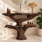 Tree Trunk Bathroom Vanity with Side Shelves 30-79 Inch, Chunky Curving Trunk and Live Edge Top