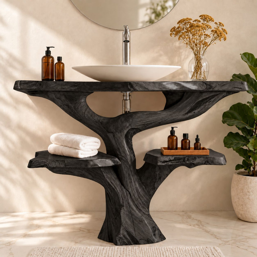 Tree Trunk Bathroom Vanity with Side Shelves 30-79 Inch, Chunky Curving Trunk and Live Edge Top