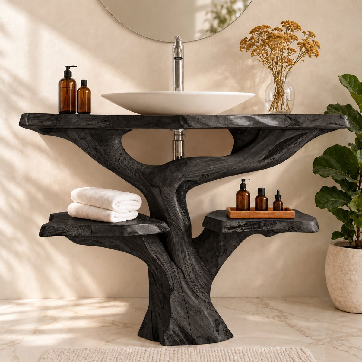 Tree Trunk Bathroom Vanity with Side Shelves 30-79 Inch, Chunky Curving Trunk and Live Edge Top