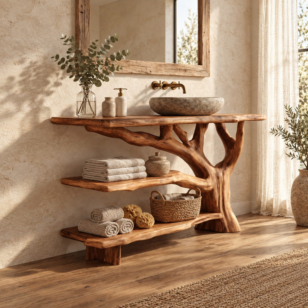 Three Tier Live Edge Bathroom Vanity 40-83 Inch, Branch Side Support with Two Open Shelves