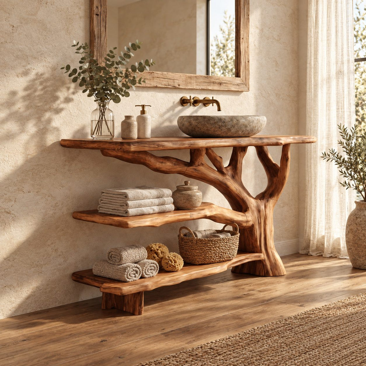 Three Tier Live Edge Bathroom Vanity 40-83 Inch, Branch Side Support with Two Open Shelves