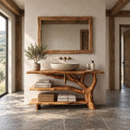 Three Tier Live Edge Bathroom Vanity 40-83 Inch, Branch Side Support with Two Open Shelves