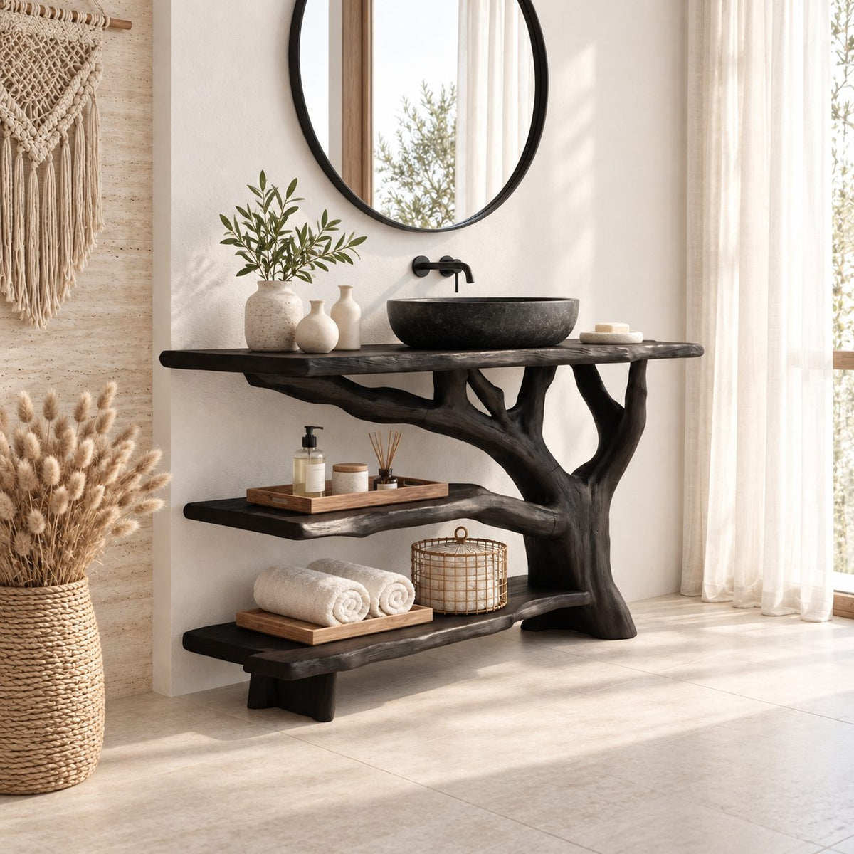 Three Tier Live Edge Bathroom Vanity 40-83 Inch, Branch Side Support with Two Open Shelves