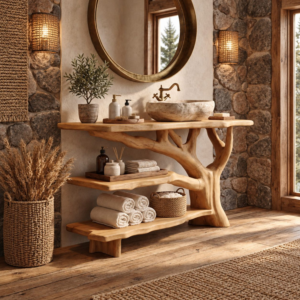 Three Tier Live Edge Bathroom Vanity 40-83 Inch, Branch Side Support with Two Open Shelves