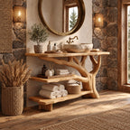 Three Tier Live Edge Bathroom Vanity 40-83 Inch, Branch Side Support with Two Open Shelves