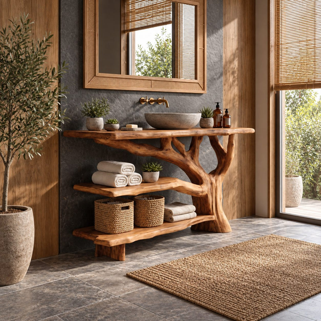 Three Tier Live Edge Bathroom Vanity 40-83 Inch, Branch Side Support with Two Open Shelves