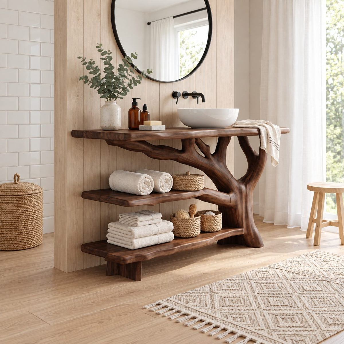 Three Tier Live Edge Bathroom Vanity 40-83 Inch, Branch Side Support with Two Open Shelves