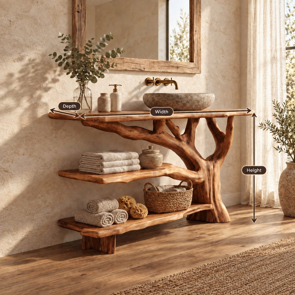 Three Tier Live Edge Bathroom Vanity 40-83 Inch, Branch Side Support with Two Open Shelves