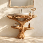 Driftwood Tree Bathroom Vanity 30-80 Inch, Live Edge Top with One Oval Shelf Around the Trunk