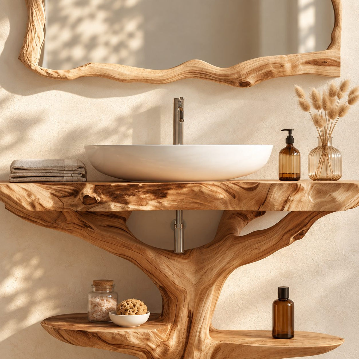 Driftwood Tree Bathroom Vanity 30-80 Inch, Live Edge Top with One Oval Shelf Around the Trunk