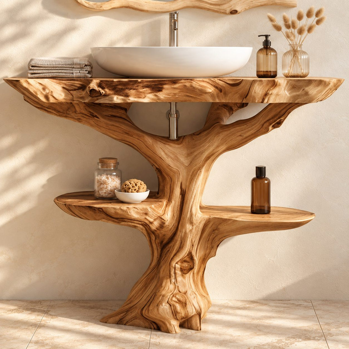 Driftwood Tree Bathroom Vanity 30-80 Inch, Live Edge Top with One Oval Shelf Around the Trunk