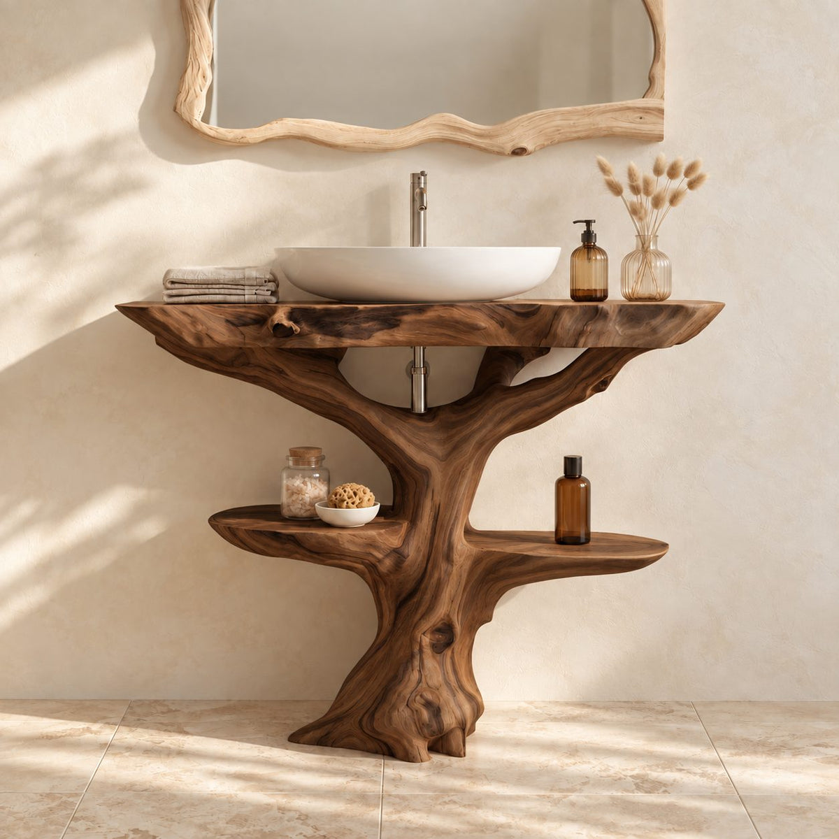 Driftwood Tree Bathroom Vanity 30-80 Inch, Live Edge Top with One Oval Shelf Around the Trunk