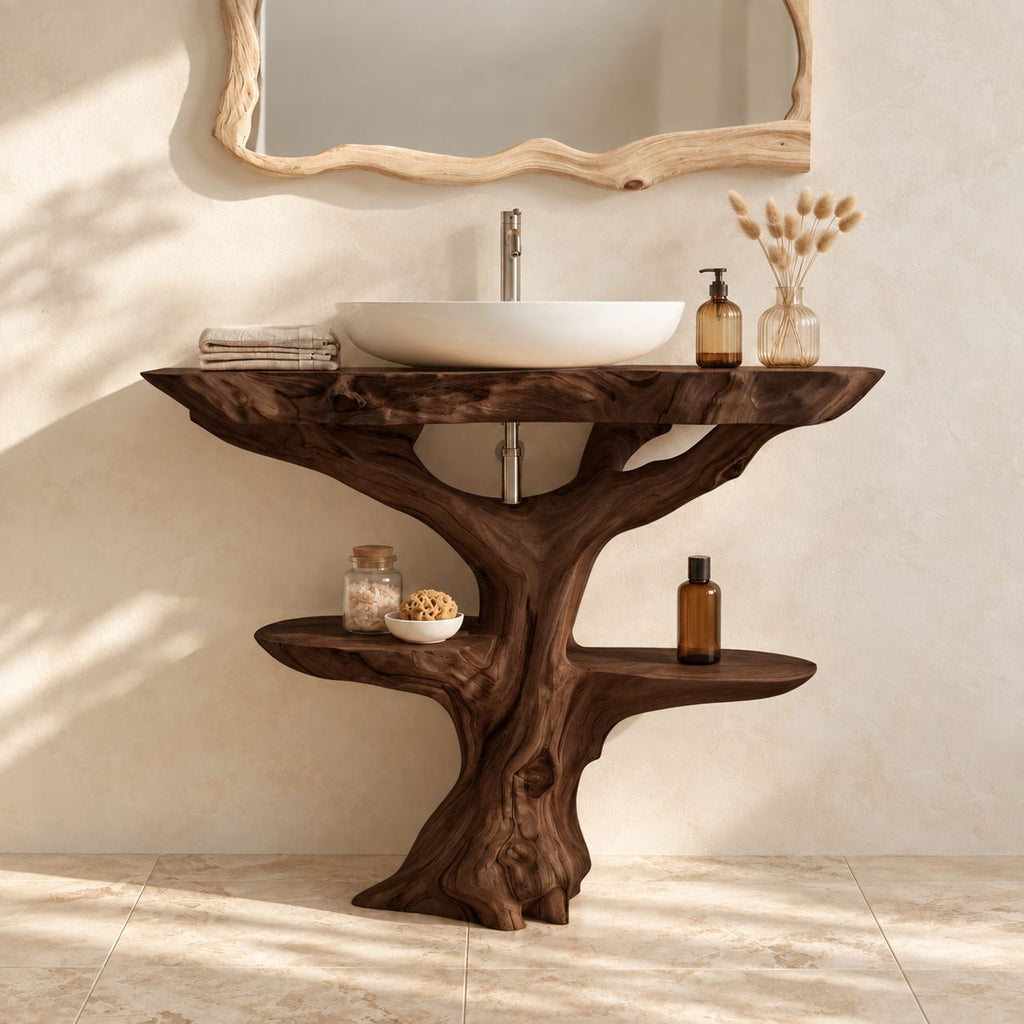 Driftwood Tree Bathroom Vanity 30-80 Inch, Live Edge Top with One Oval Shelf Around the Trunk
