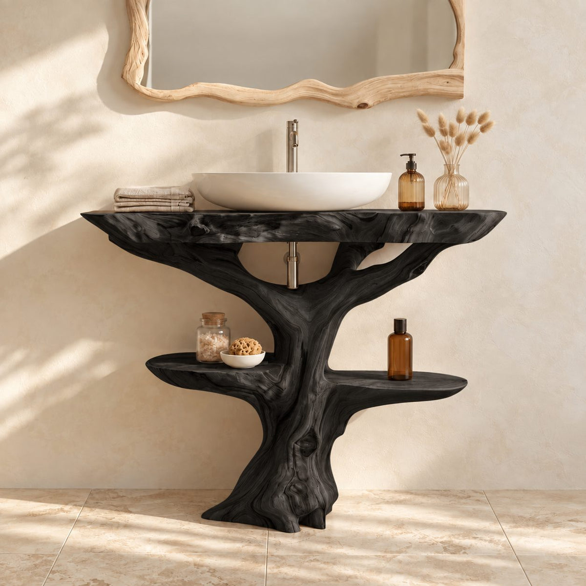 Driftwood Tree Bathroom Vanity 30-80 Inch, Live Edge Top with One Oval Shelf Around the Trunk