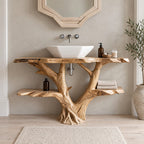 Forked Branch Bathroom Vanity 30-79 Inch, Tree Trunk Base with Two Long Live Edge Side Shelves