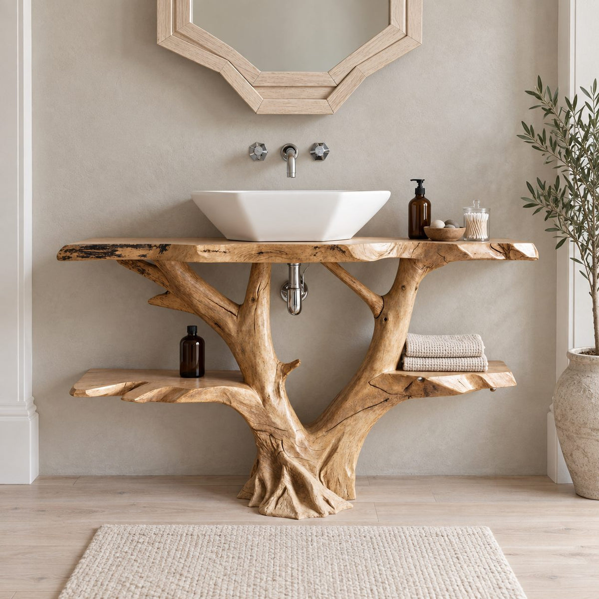 Forked Branch Bathroom Vanity 30-79 Inch, Tree Trunk Base with Two Long Live Edge Side Shelves