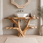 Forked Branch Bathroom Vanity 30-79 Inch, Tree Trunk Base with Two Long Live Edge Side Shelves