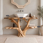 Forked Branch Bathroom Vanity 30-79 Inch, Tree Trunk Base with Two Long Live Edge Side Shelves