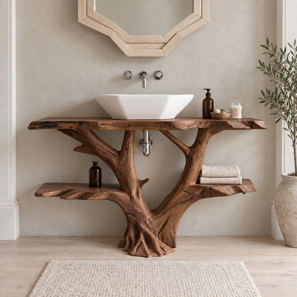 Forked Branch Bathroom Vanity 30-79 Inch, Tree Trunk Base with Two Long Live Edge Side Shelves