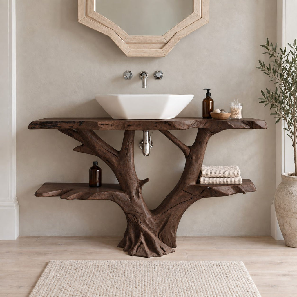 Forked Branch Bathroom Vanity 30-79 Inch, Tree Trunk Base with Two Long Live Edge Side Shelves