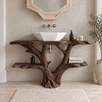 Forked Branch Bathroom Vanity 30-79 Inch, Tree Trunk Base with Two Long Live Edge Side Shelves