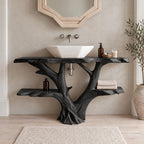 Forked Branch Bathroom Vanity 30-79 Inch, Tree Trunk Base with Two Long Live Edge Side Shelves