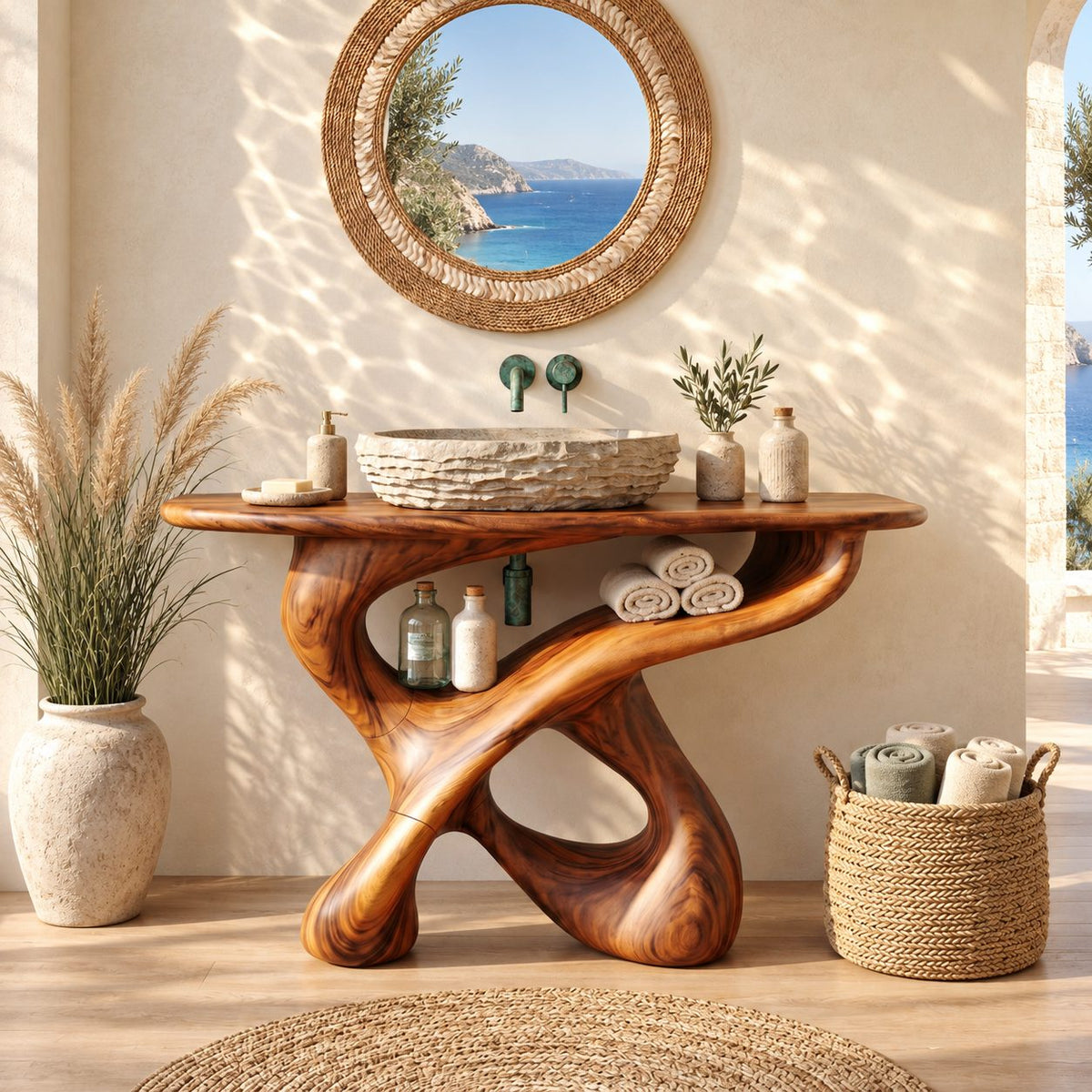 Looping Sculptural Bathroom Vanity 30-80 Inch, Carved Wood Base with Open Shelf Under the Top