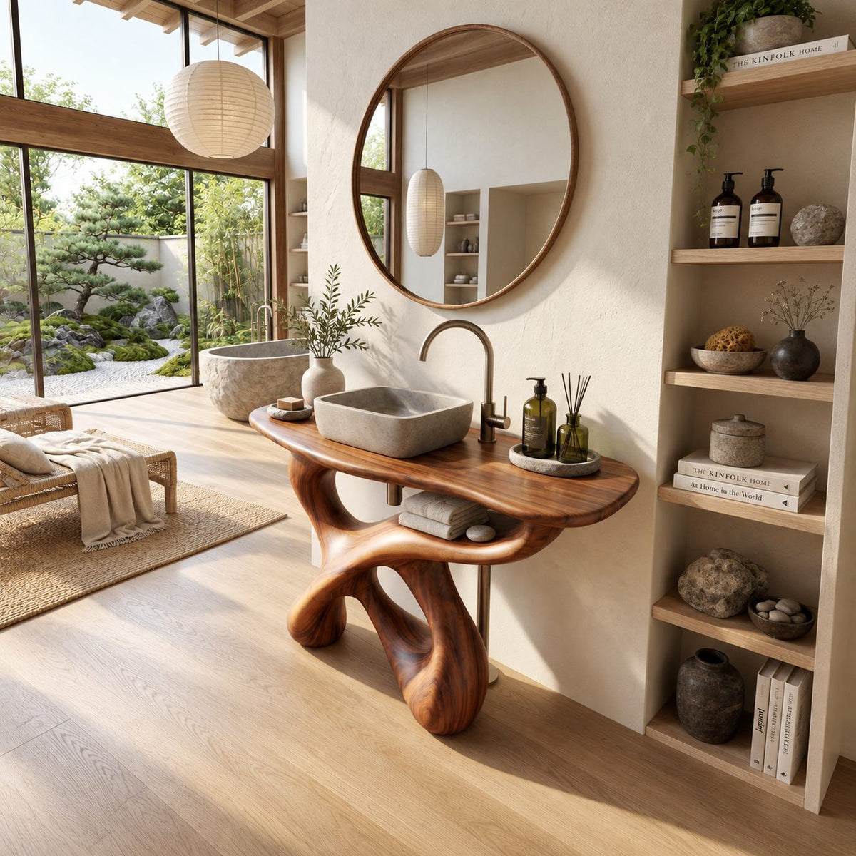 Looping Sculptural Bathroom Vanity 30-80 Inch, Carved Wood Base with Open Shelf Under the Top