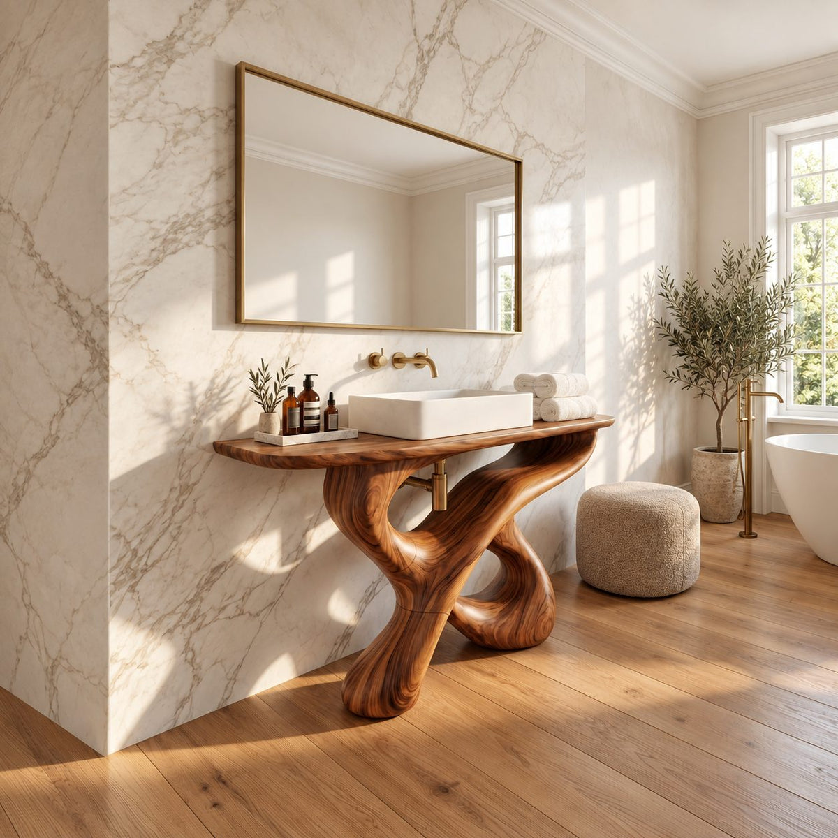 Looping Sculptural Bathroom Vanity 30-80 Inch, Carved Wood Base with Open Shelf Under the Top