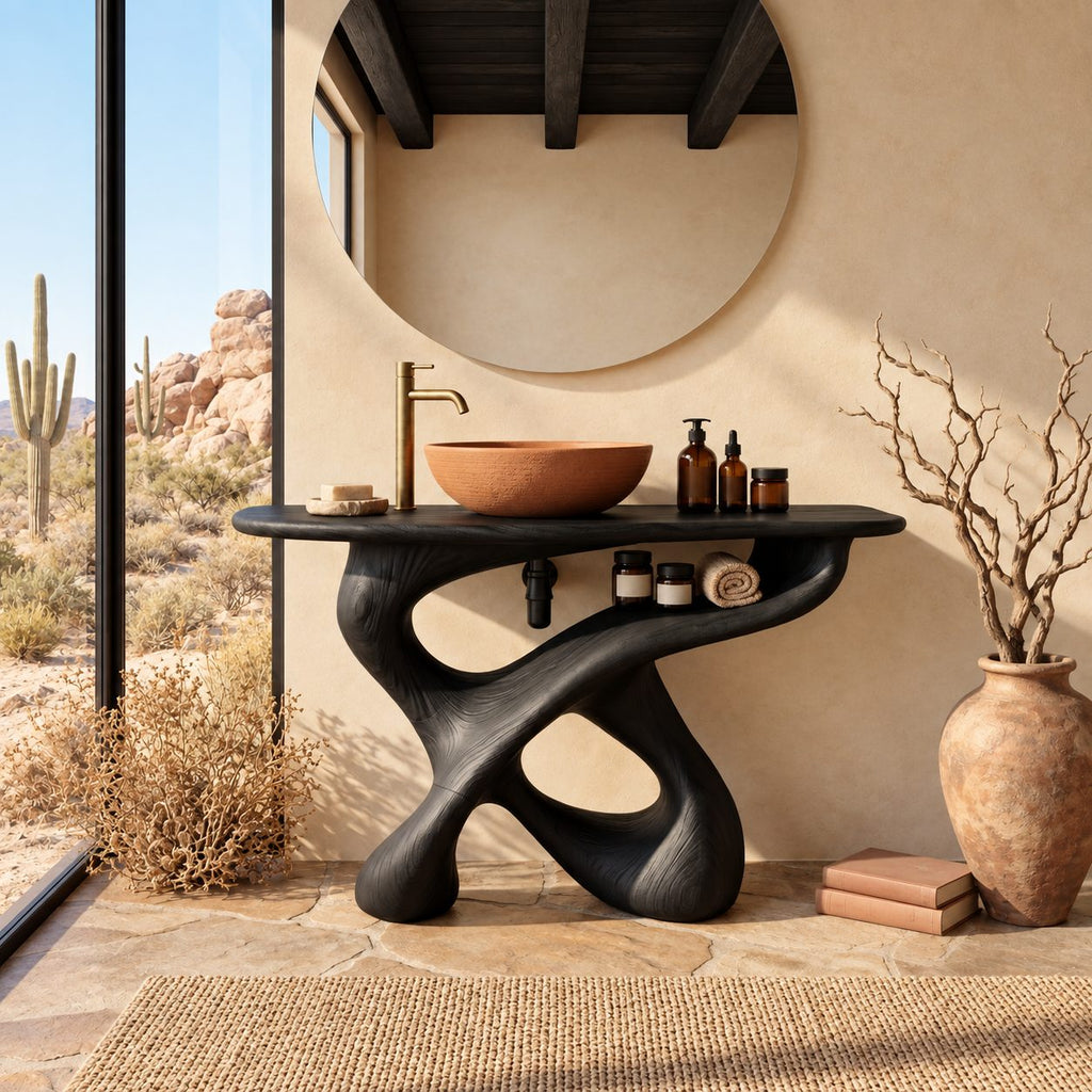 Looping Sculptural Bathroom Vanity 30-80 Inch, Carved Wood Base with Open Shelf Under the Top