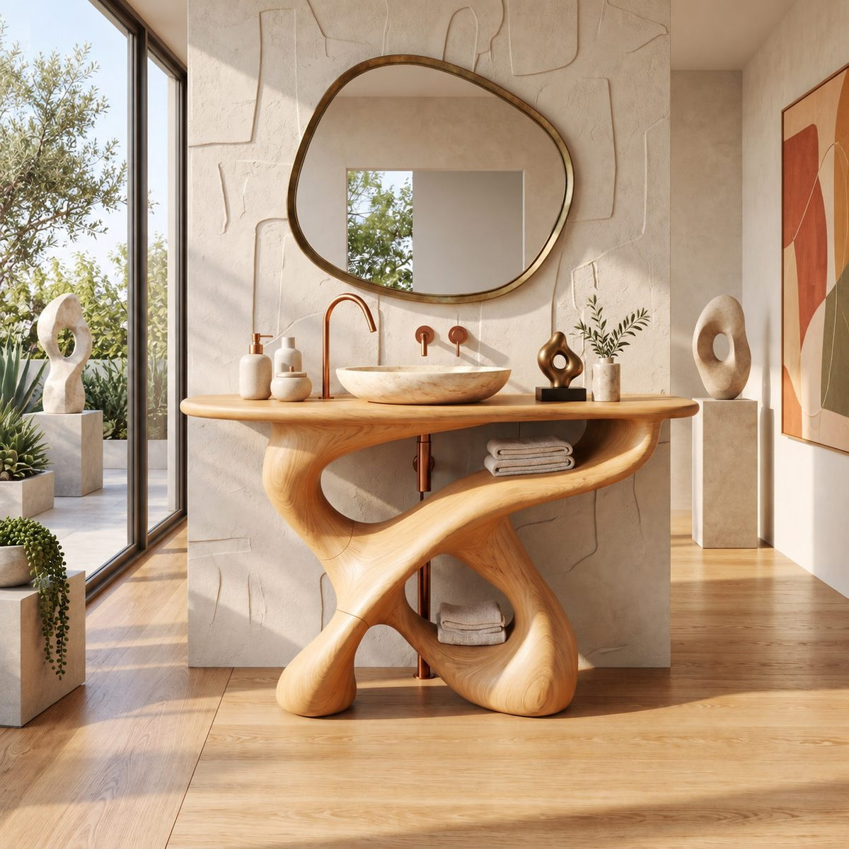 Looping Sculptural Bathroom Vanity 30-80 Inch, Carved Wood Base with Open Shelf Under the Top