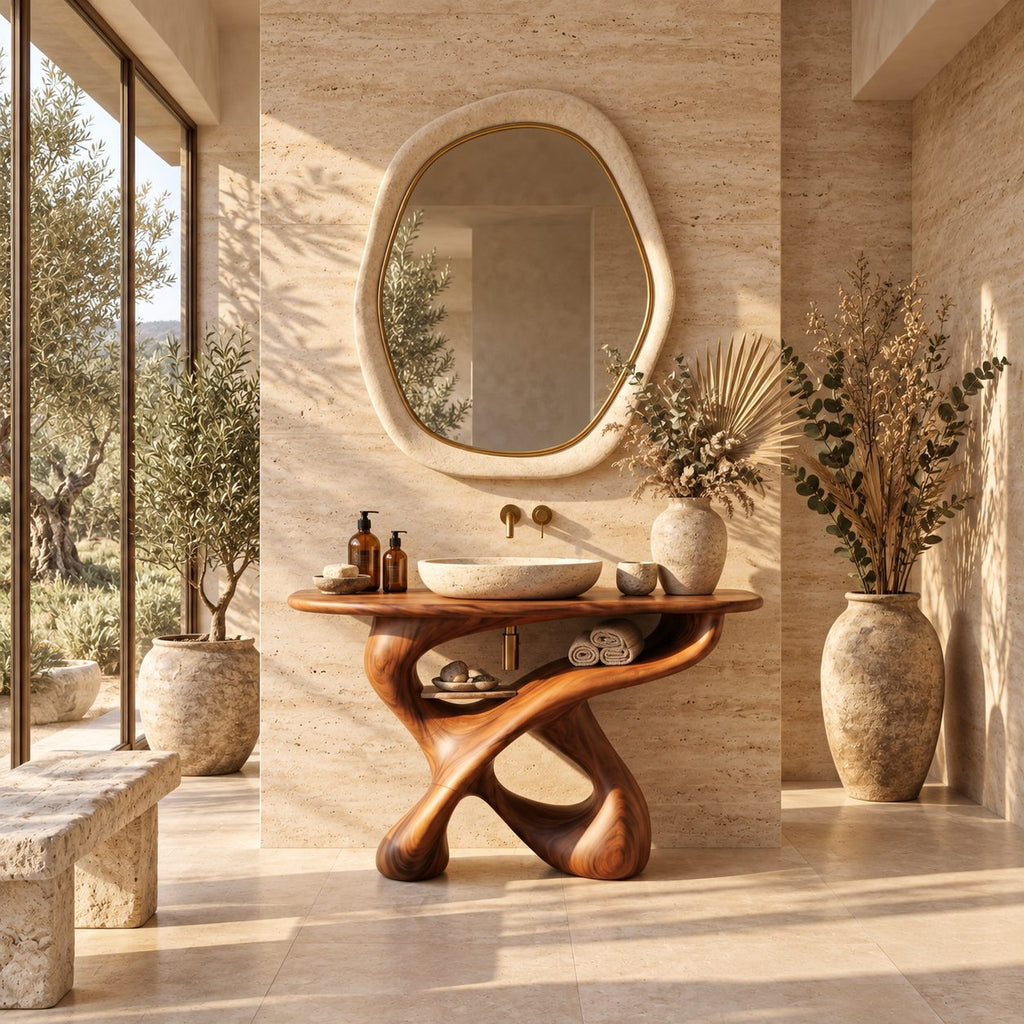 Looping Sculptural Bathroom Vanity 30-80 Inch, Carved Wood Base with Open Shelf Under the Top