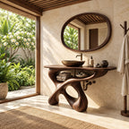 Looping Sculptural Bathroom Vanity 30-80 Inch, Carved Wood Base with Open Shelf Under the Top