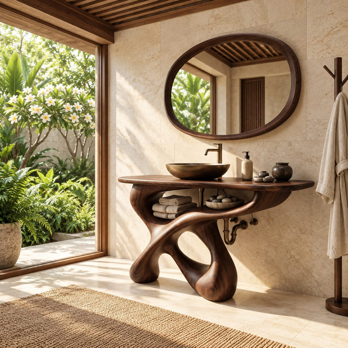 Looping Sculptural Bathroom Vanity 30-80 Inch, Carved Wood Base with Open Shelf Under the Top