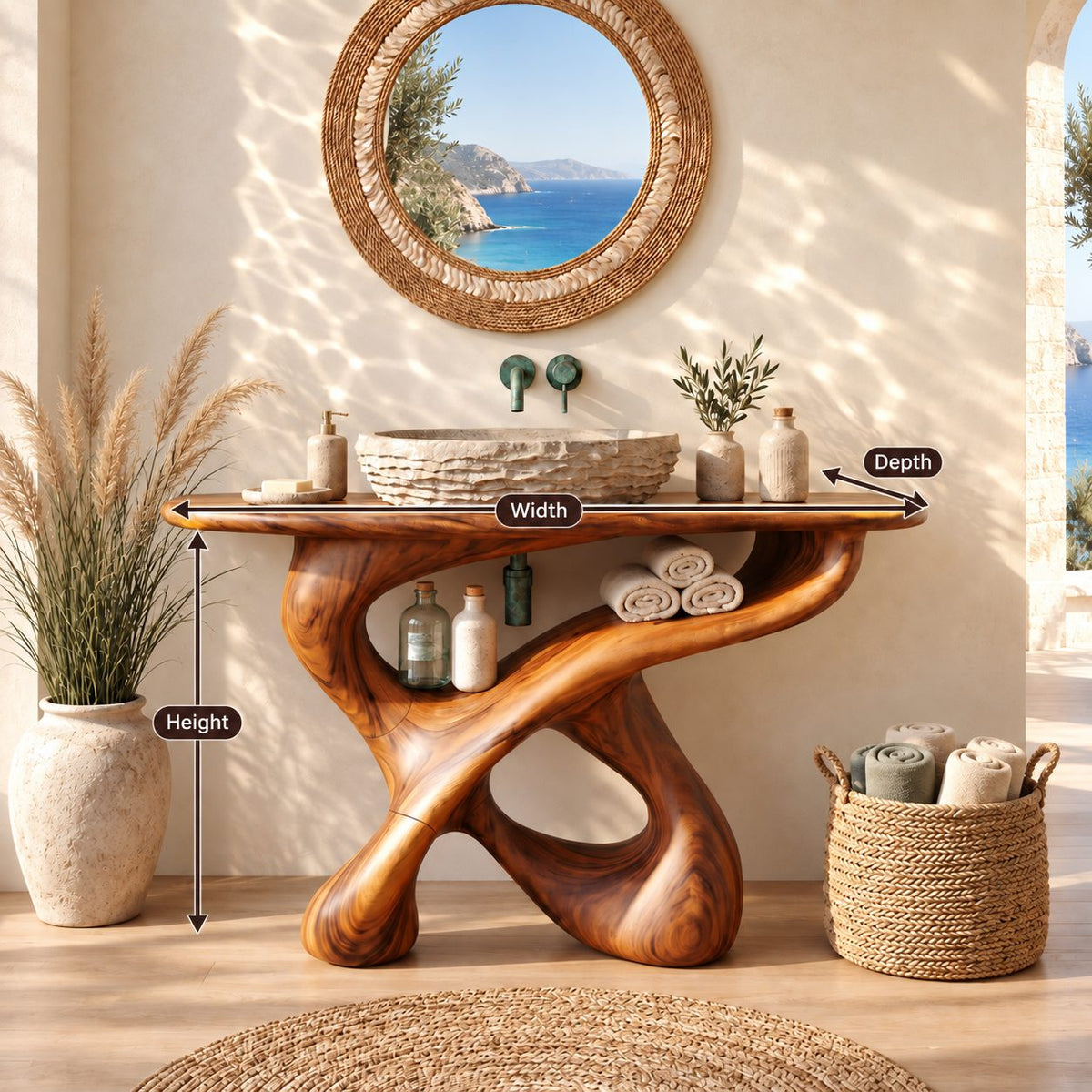 Looping Sculptural Bathroom Vanity 30-80 Inch, Carved Wood Base with Open Shelf Under the Top