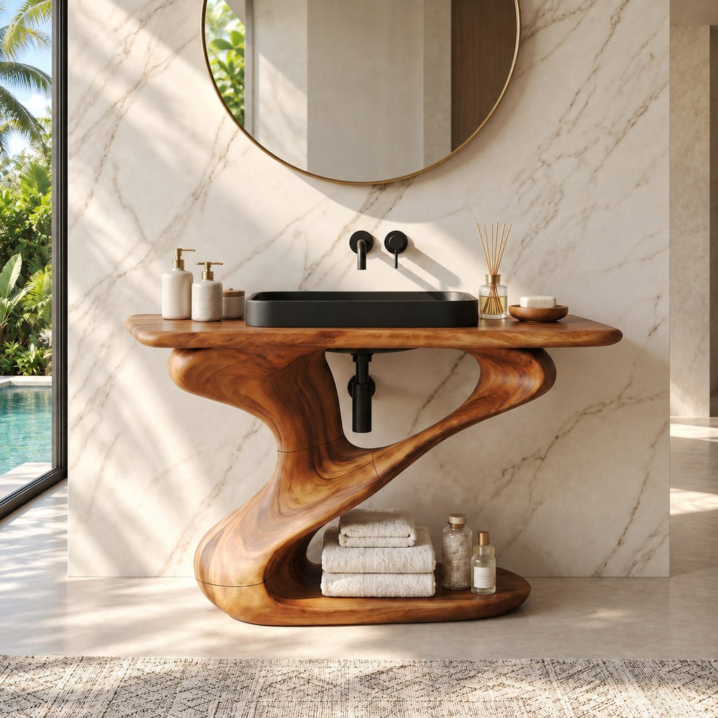 Z Curve Bathroom Vanity 30-80 Inch, Sculpted Solid Wood Frame with Open Bottom Shelf