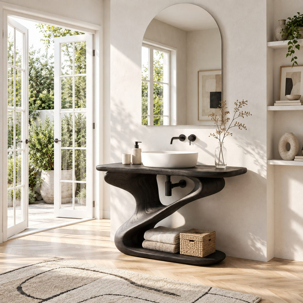 Z Curve Bathroom Vanity 30-80 Inch, Sculpted Solid Wood Frame with Open Bottom Shelf