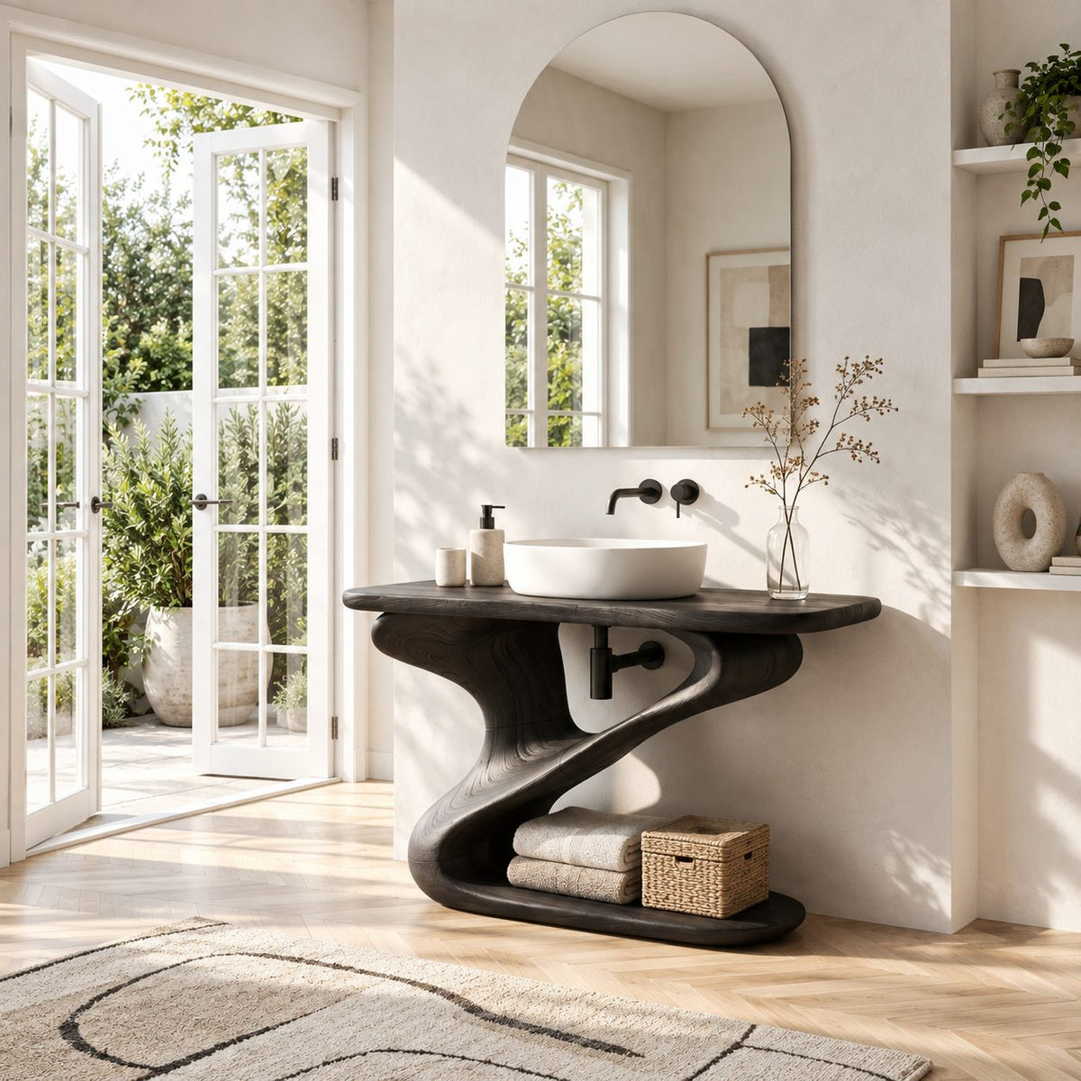 Z Curve Bathroom Vanity 30-80 Inch, Sculpted Solid Wood Frame with Open Bottom Shelf