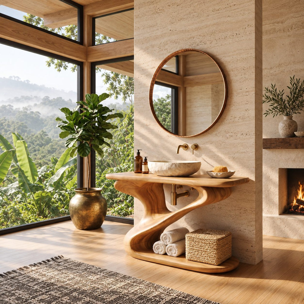 Z Curve Bathroom Vanity 30-80 Inch, Sculpted Solid Wood Frame with Open Bottom Shelf