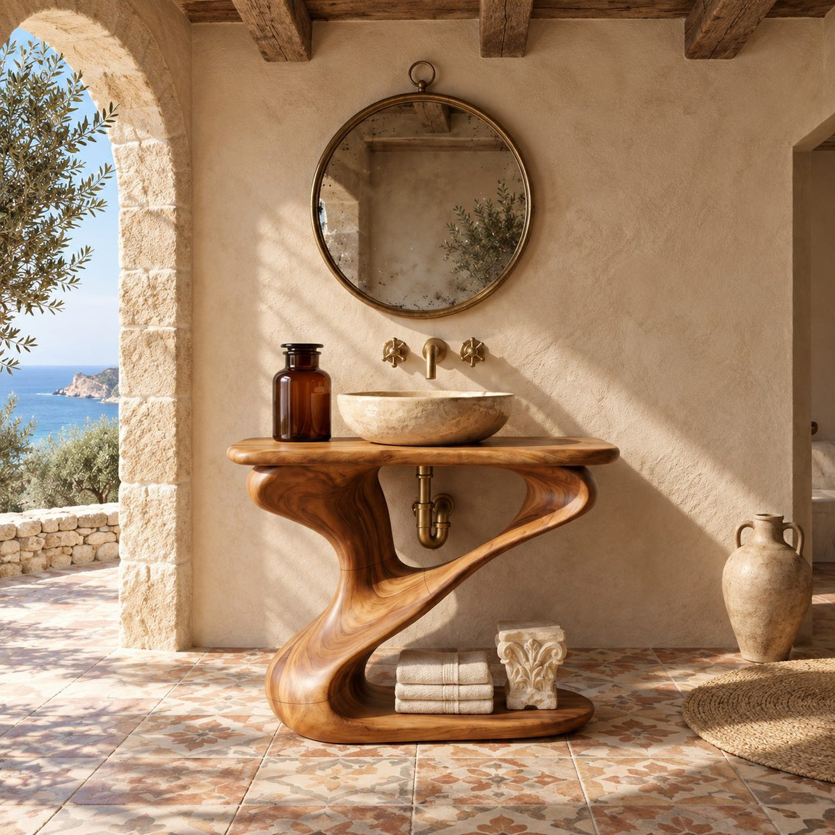 Z Curve Bathroom Vanity 30-80 Inch, Sculpted Solid Wood Frame with Open Bottom Shelf