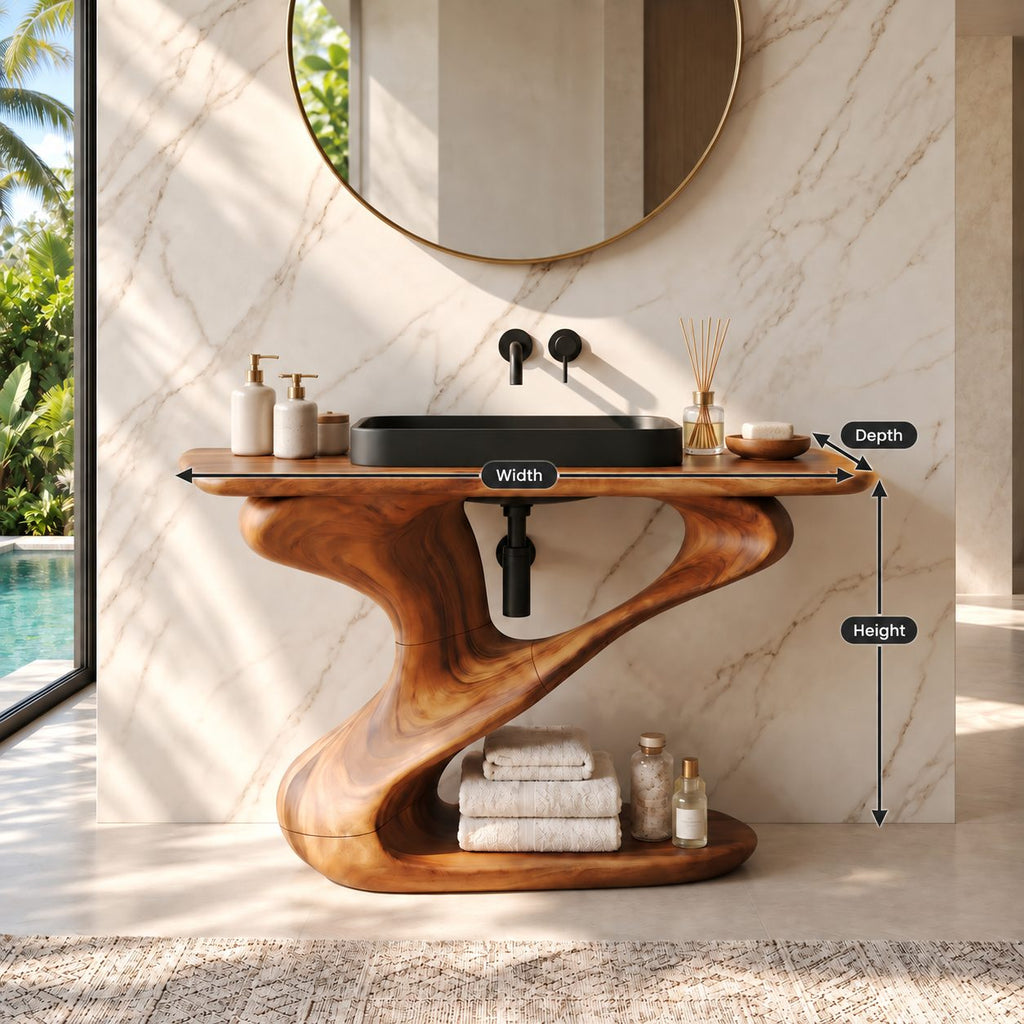 Z Curve Bathroom Vanity 30-80 Inch, Sculpted Solid Wood Frame with Open Bottom Shelf