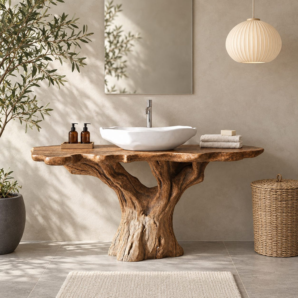 Rustic Tree Stump Bathroom Vanity 30-80 Inch, Weathered Trunk Base with Rough Scalloped Live Edge Top