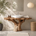 Rustic Tree Stump Bathroom Vanity 30-80 Inch, Weathered Trunk Base with Rough Scalloped Live Edge Top