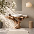 Rustic Tree Stump Bathroom Vanity 30-80 Inch, Weathered Trunk Base with Rough Scalloped Live Edge Top