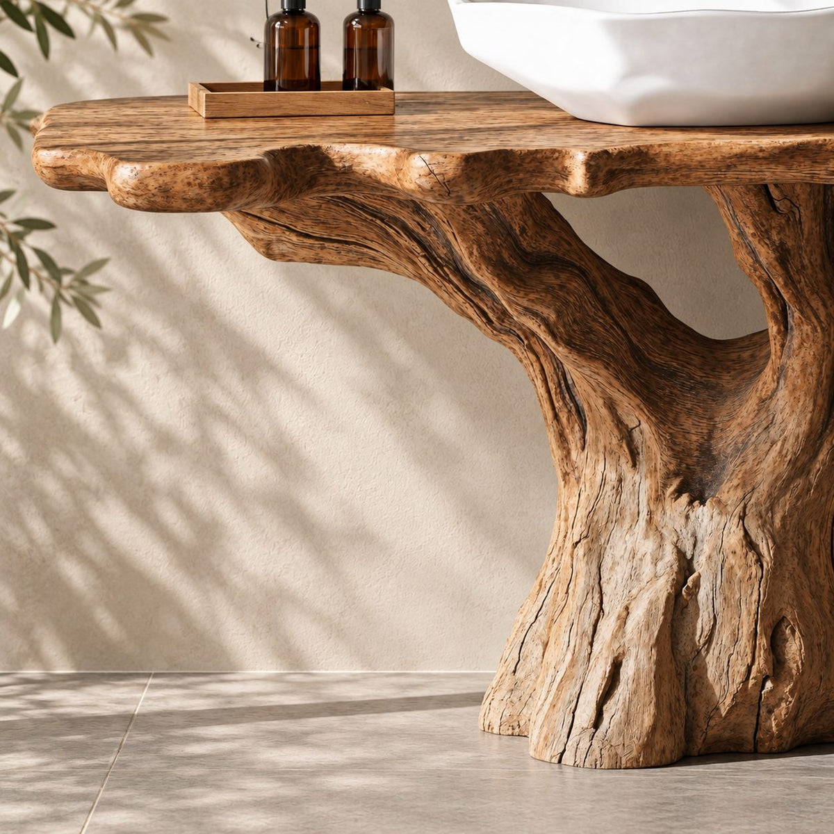 Rustic Tree Stump Bathroom Vanity 30-80 Inch, Weathered Trunk Base with Rough Scalloped Live Edge Top