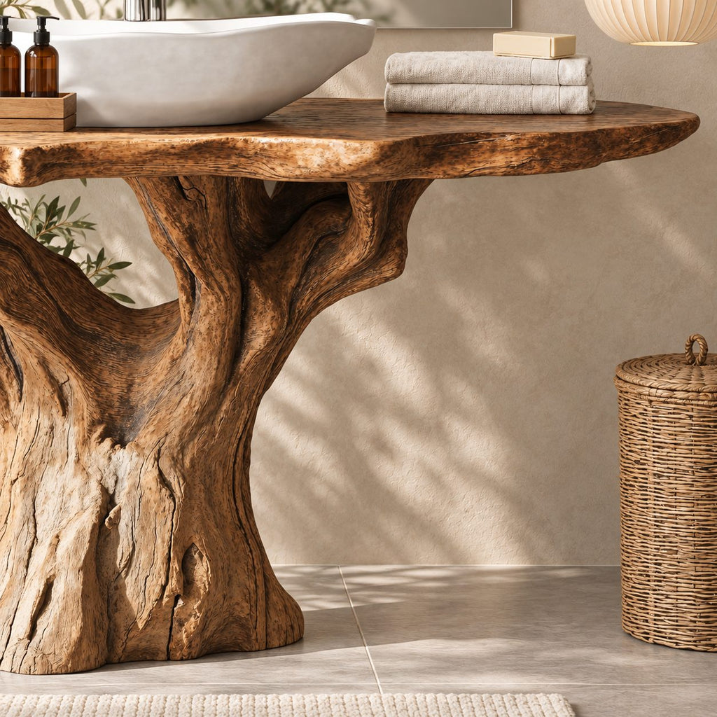 Rustic Tree Stump Bathroom Vanity 30-80 Inch, Weathered Trunk Base with Rough Scalloped Live Edge Top