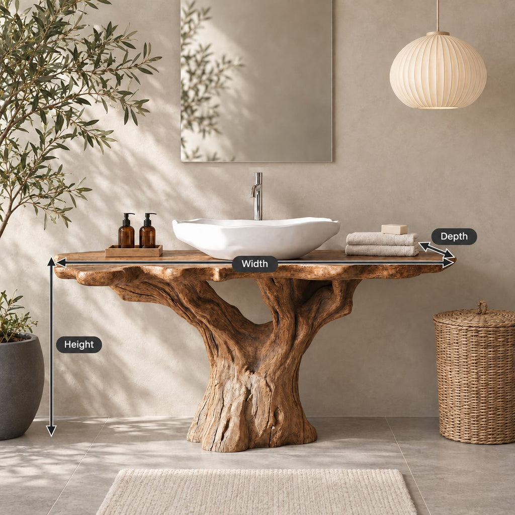 Rustic Tree Stump Bathroom Vanity 30-80 Inch, Weathered Trunk Base with Rough Scalloped Live Edge Top